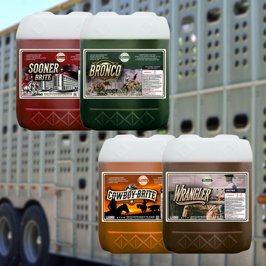 Gallon Drums of Reeves Aluminum brighteners, horse trailer wash and degreasers for stock trailers.